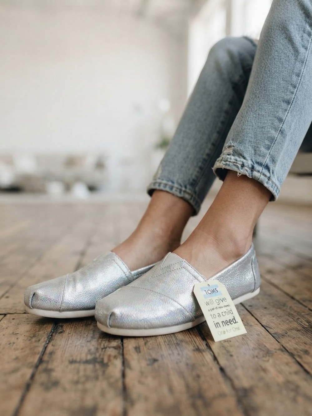 Toms Metallic Silver Slip-On Flats